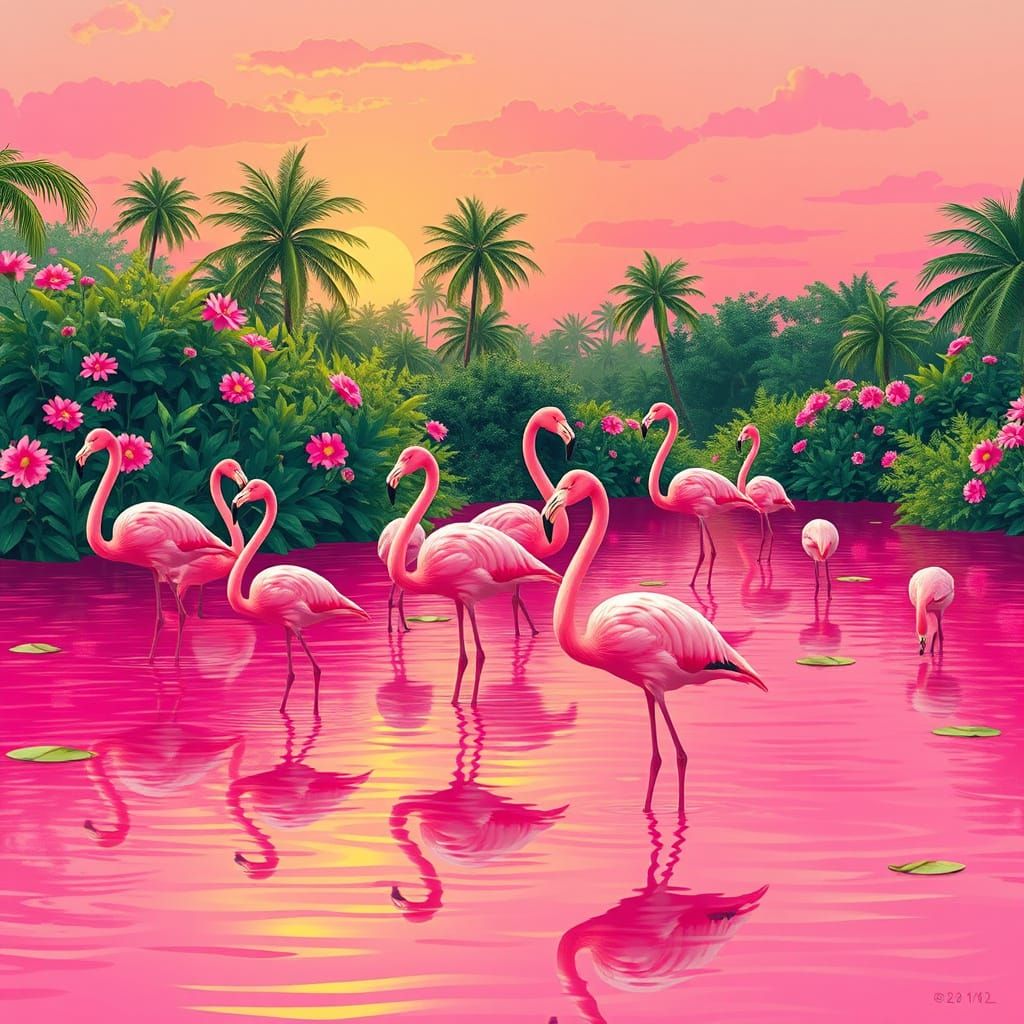 Pink Flamingos in Pink Lake: A Whimsical Scene