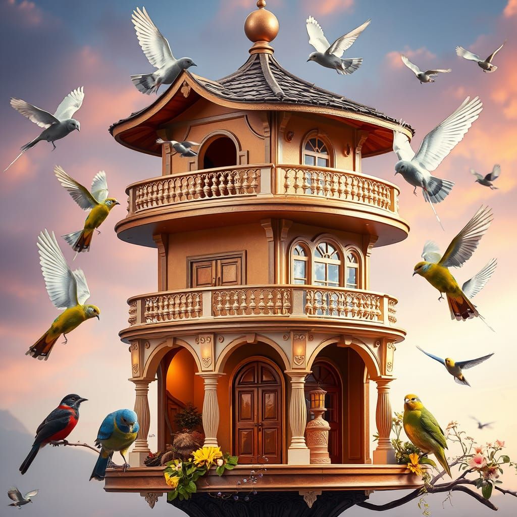 Ornate Two-Story Birdhouse Resembling Luxury Home