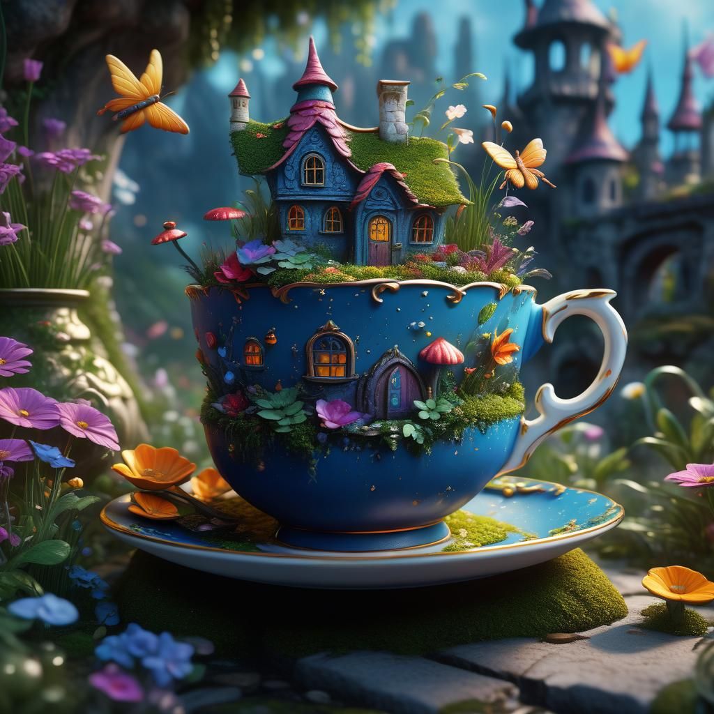 Enchanting Fairy Garden Teacup: Fantasy Concept Art