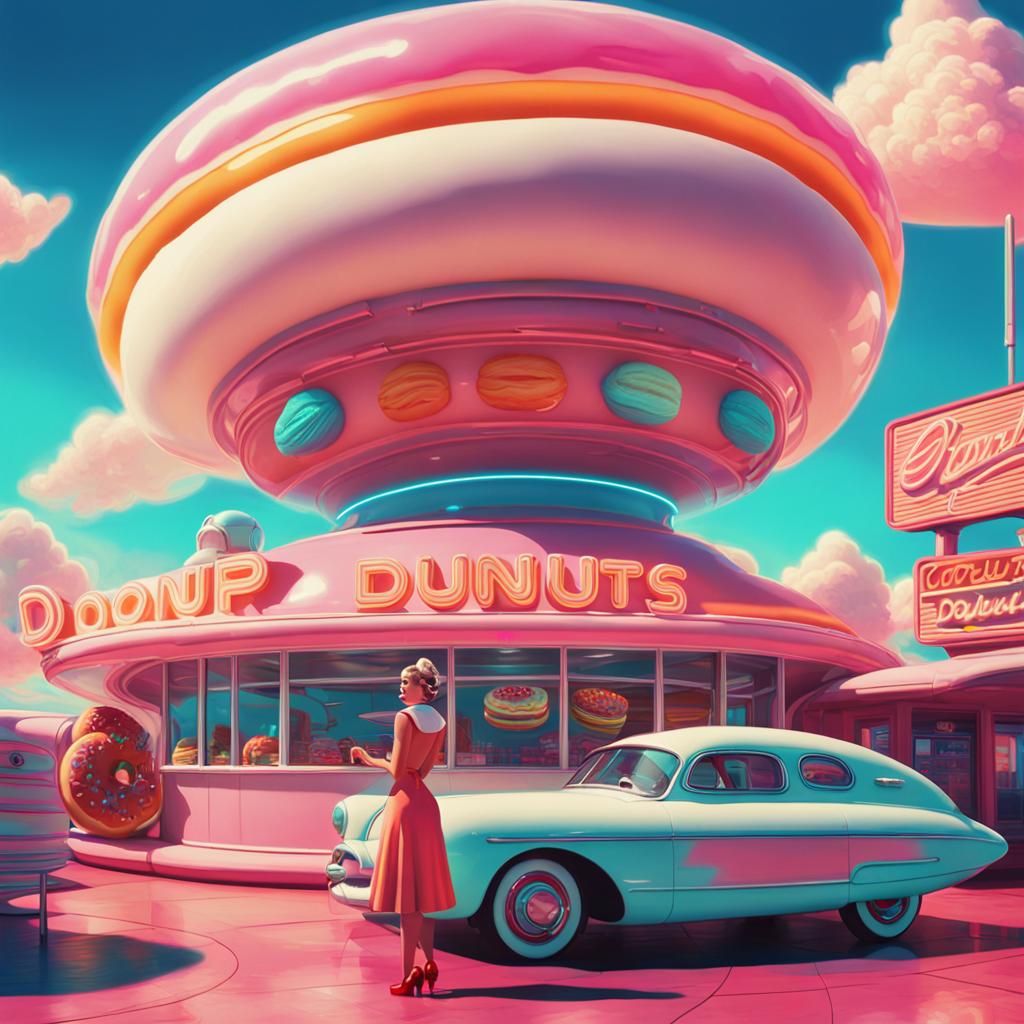 Retro-Futuristic Airship Donut Shop Advertisement