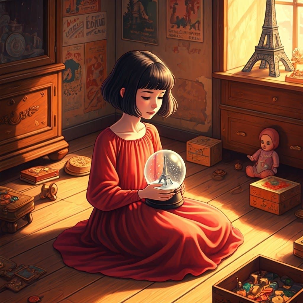 Amélie Gazing at Eiffel Tower Snow Globe in Anime Style