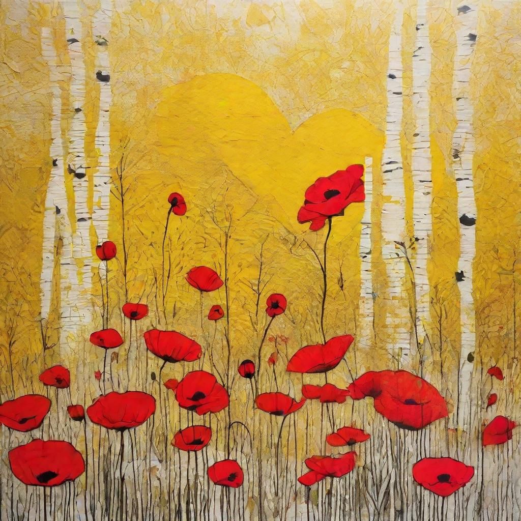 Poppy and Birch Wood Block Print in Folk Art Style