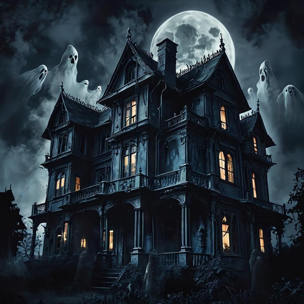Haunted Manor: Ghosts Emerge on a Moonlit Night