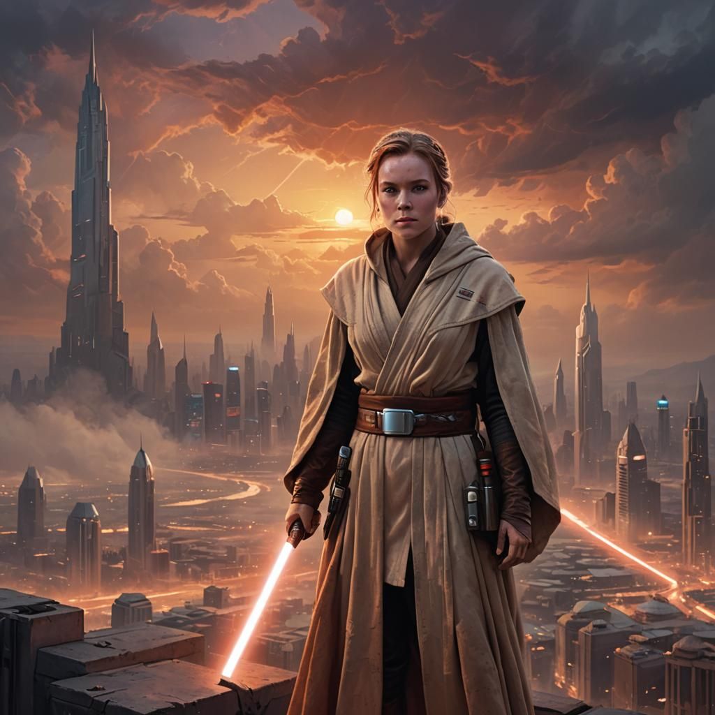 Heroic Jedi Master in Coruscant Cityscape Concept Art