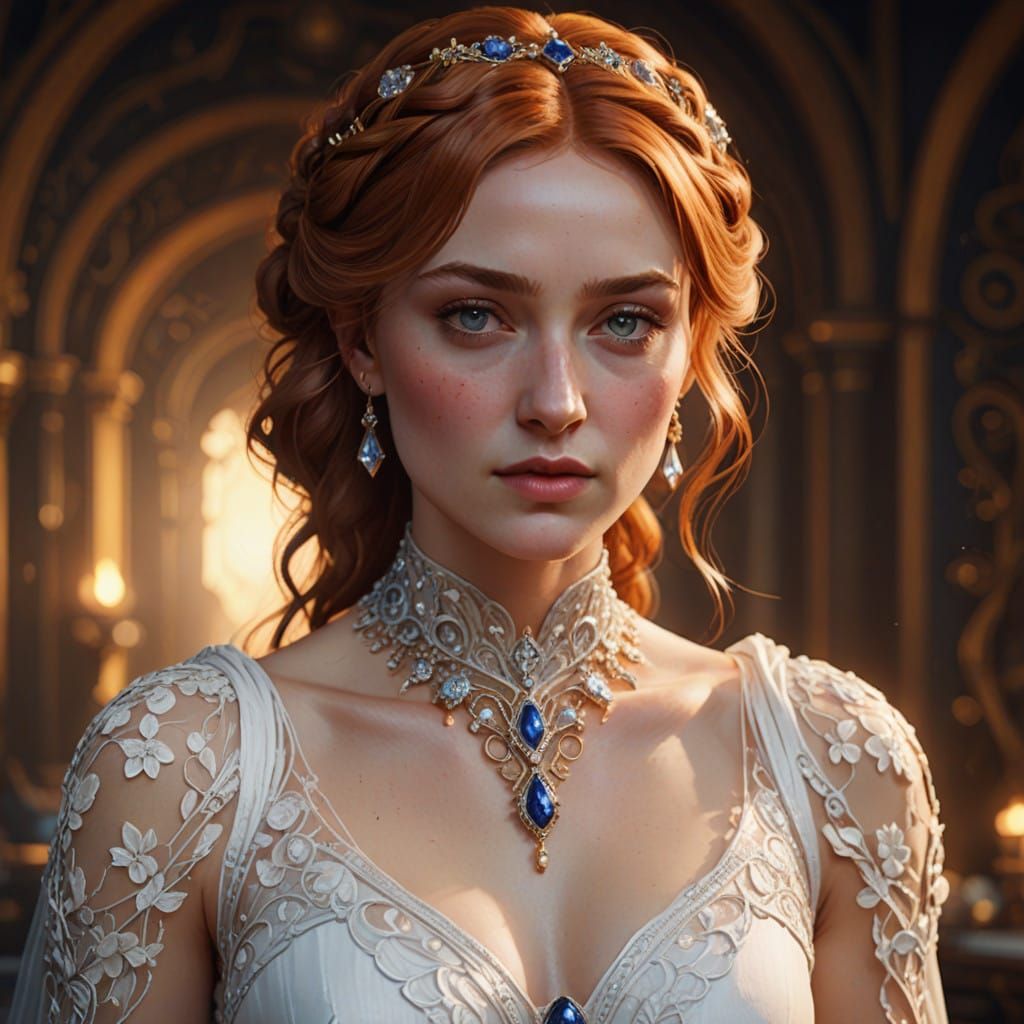 Regal Sansa Stark in a Snow-White Gown with Golden Accents