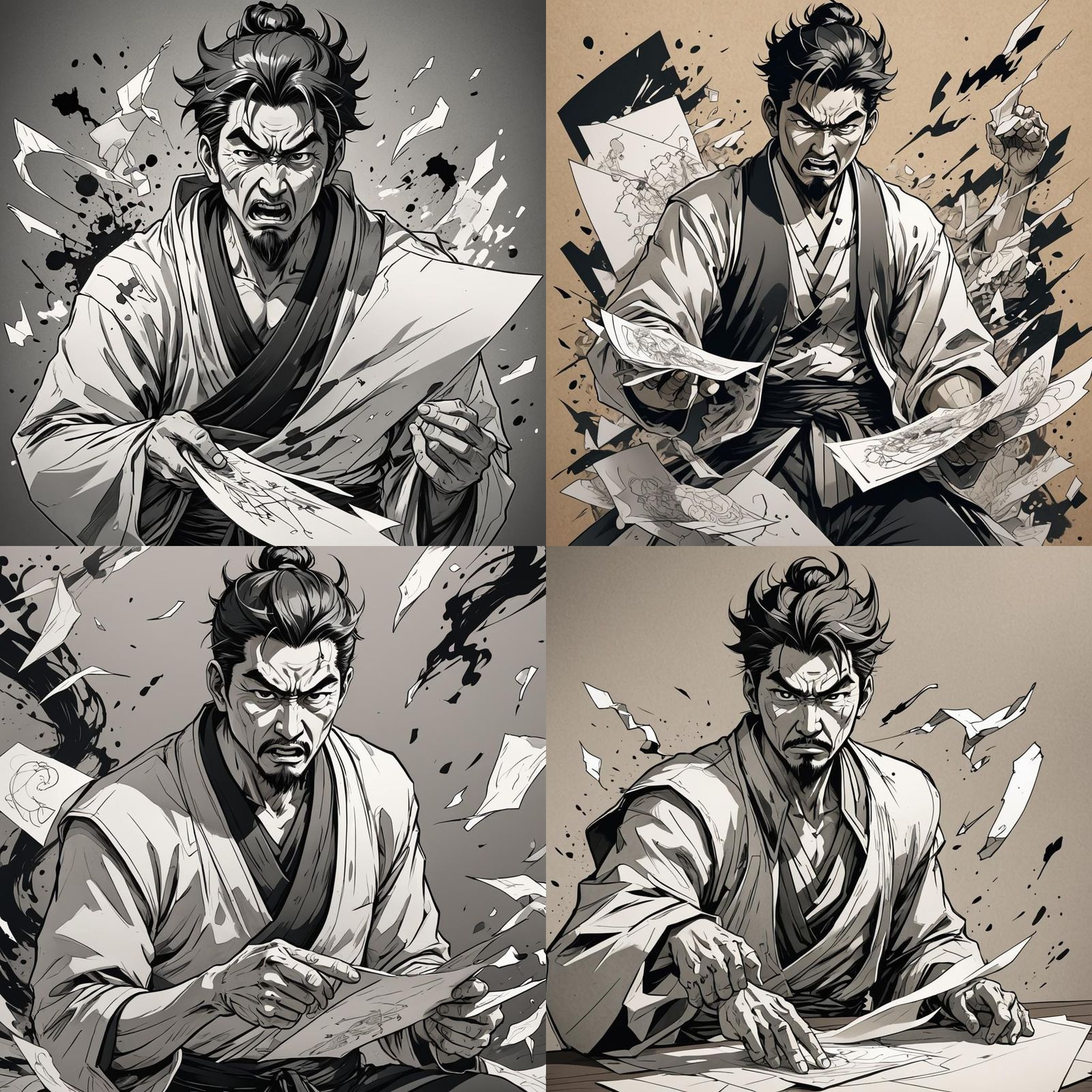 Angry Man Tearing Paper: Black and White Manga Sketch