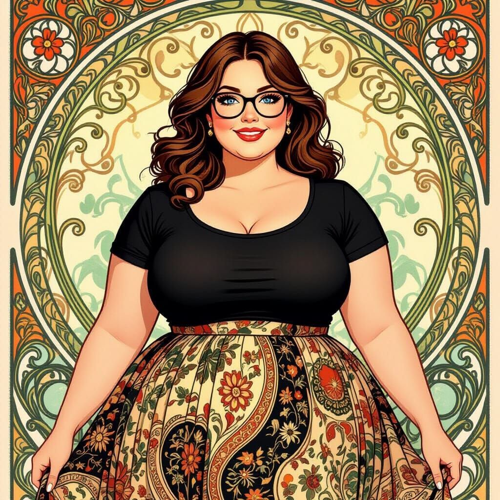 Joyful Woman in Earth-Tone Skirt, Art Nouveau Style