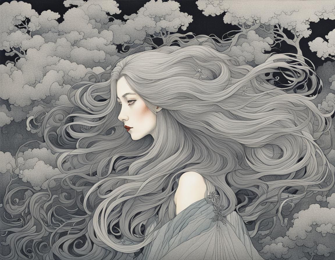 Beautiful Woman with Grey Hair, in Organic Line Drawing Styl...