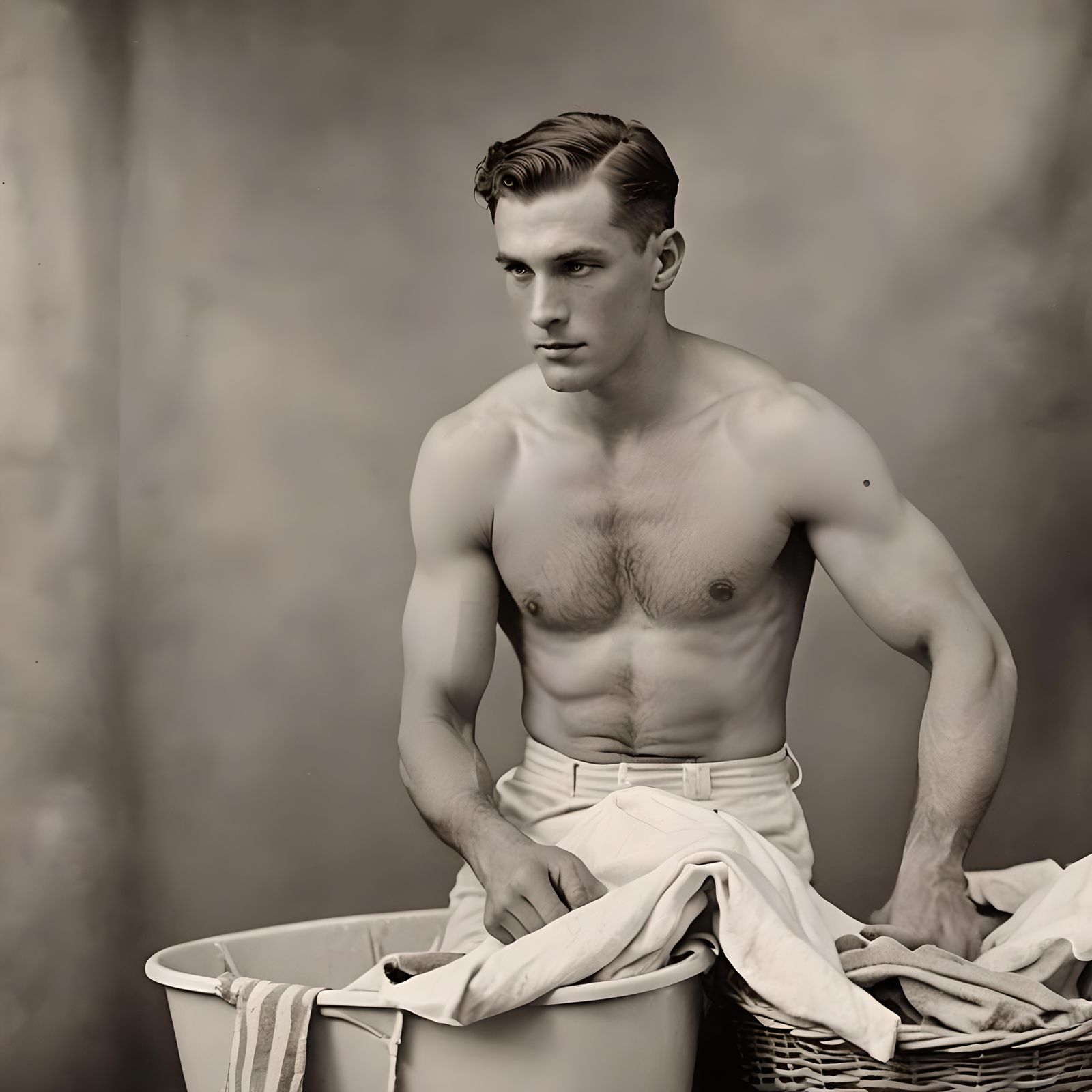 a handsome 1920s American clean shaven shirtless sailor in his uniform, without his jacket, in b&w. He is busy folding u...