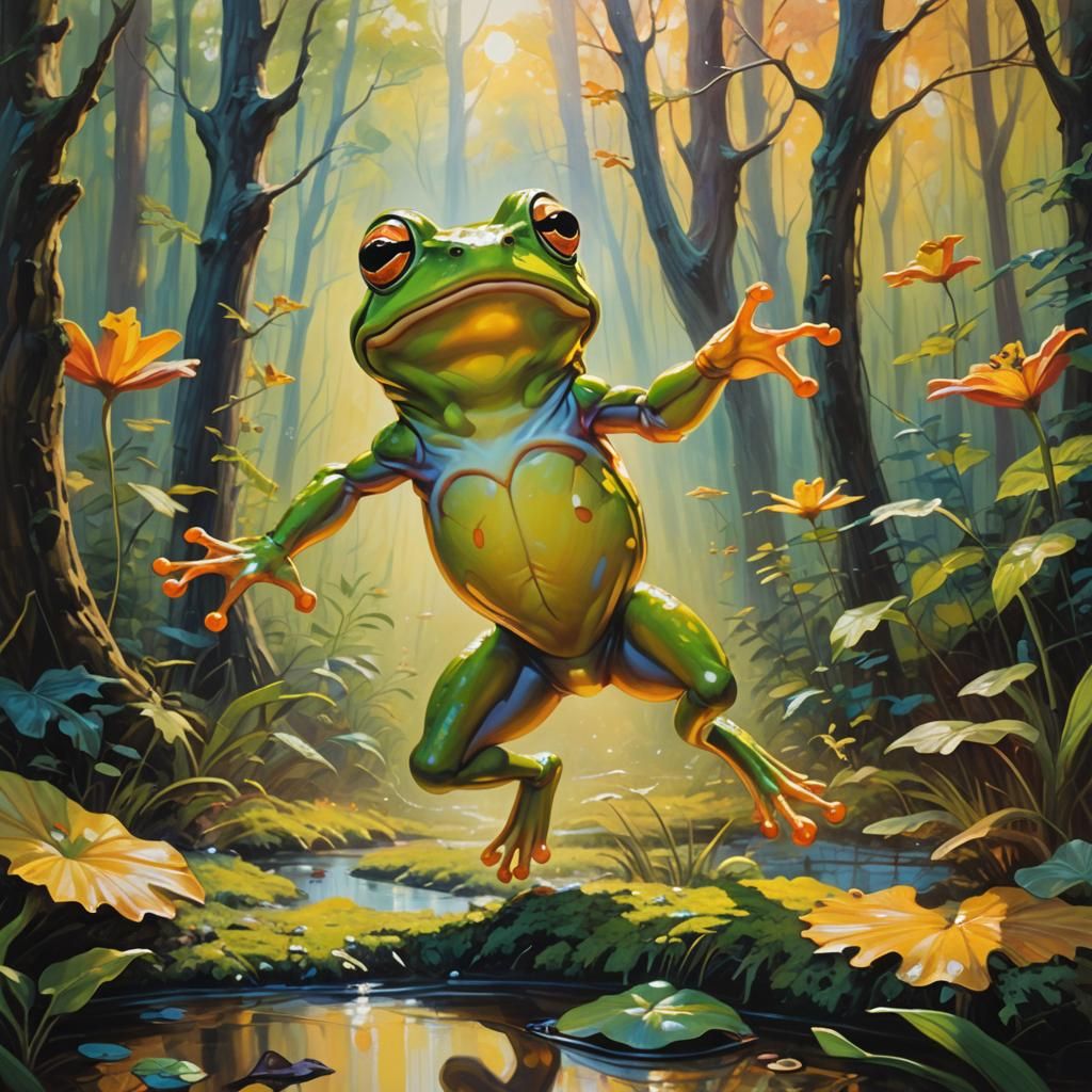 Surreal Frog Leap in Sun-Drenched Forest