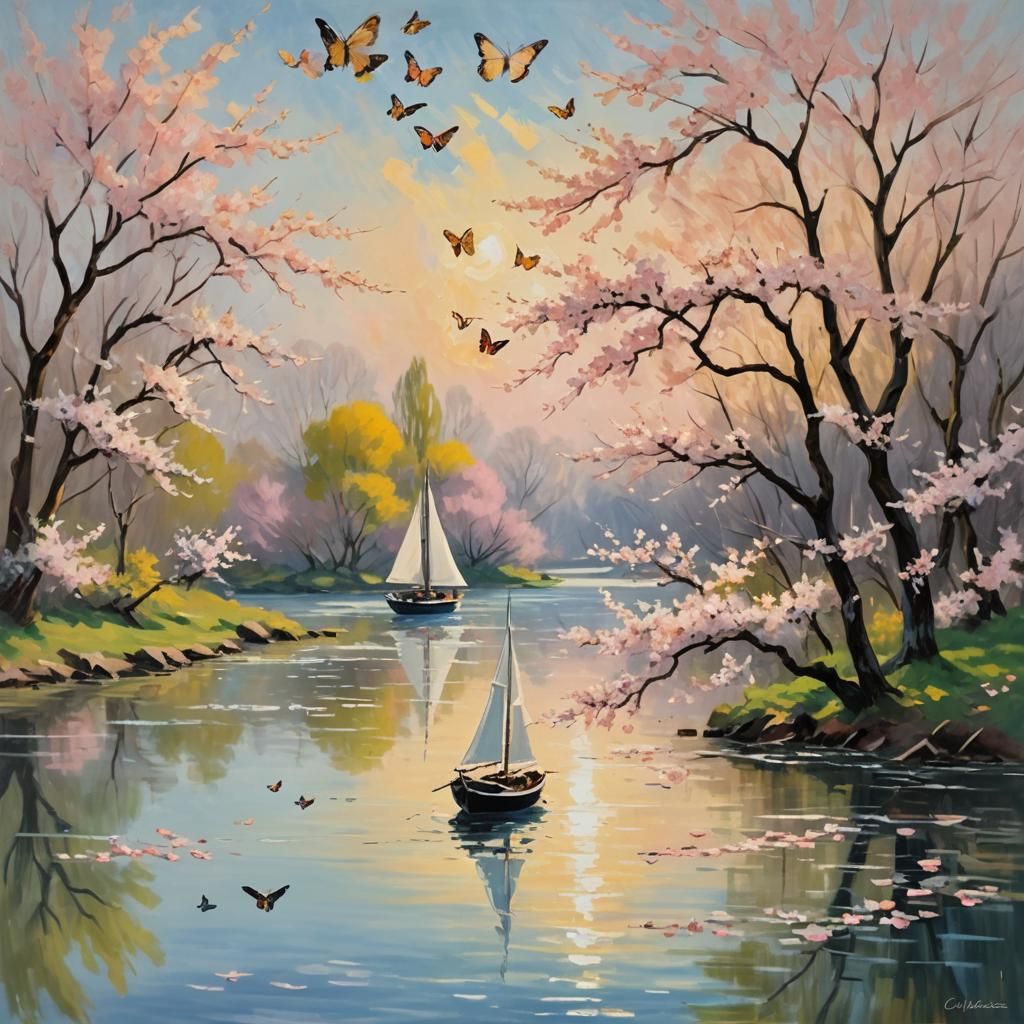 Impressionist Sailboat with Cherry Blossoms and Butterflies