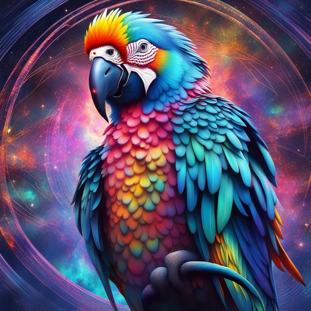 Holographic Astral Parrot in Mixed Media