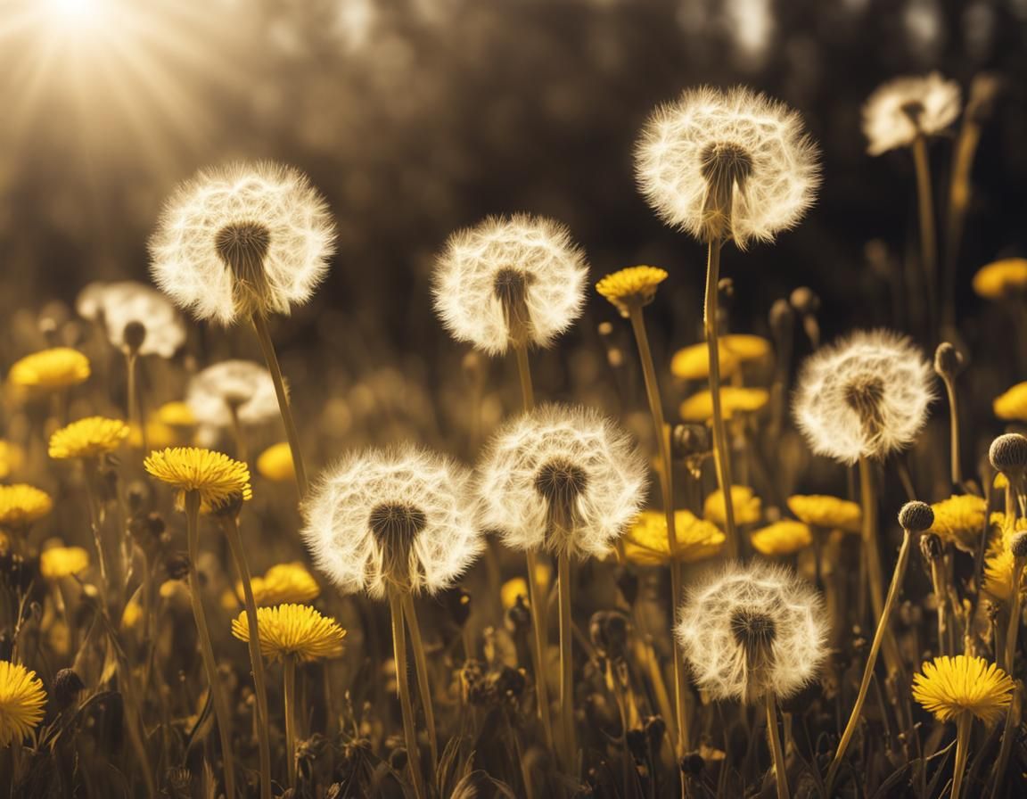 Dandelions in Spring Meadow: Photorealistic Yellow Monochrom...