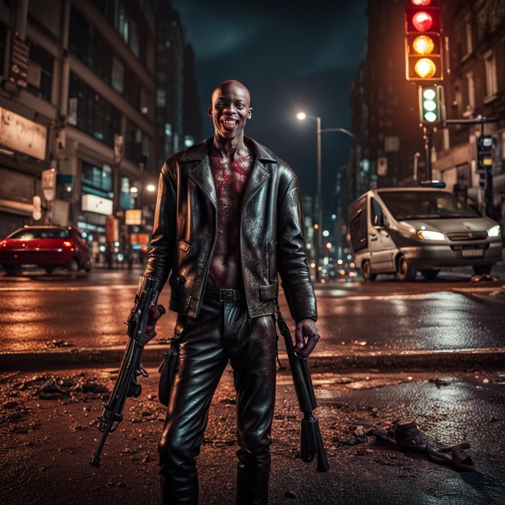 Smiling Man with Shotgun in Moody Cityscape