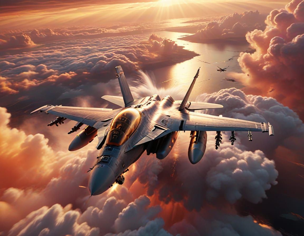 F-18 Fighter Jet Soaring Through Clouds at Sunrise