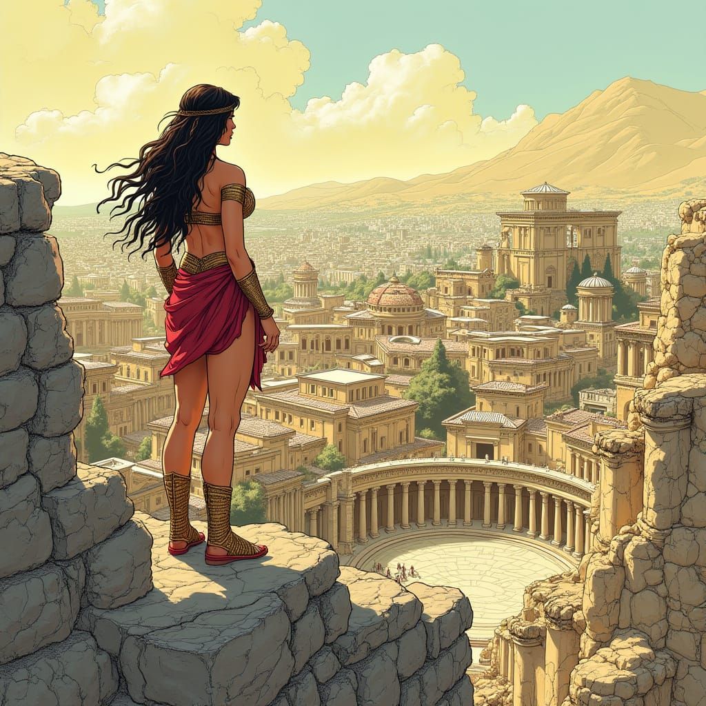 Ancient Greek Cityscape with Amazon Warriors in Comic Line A...