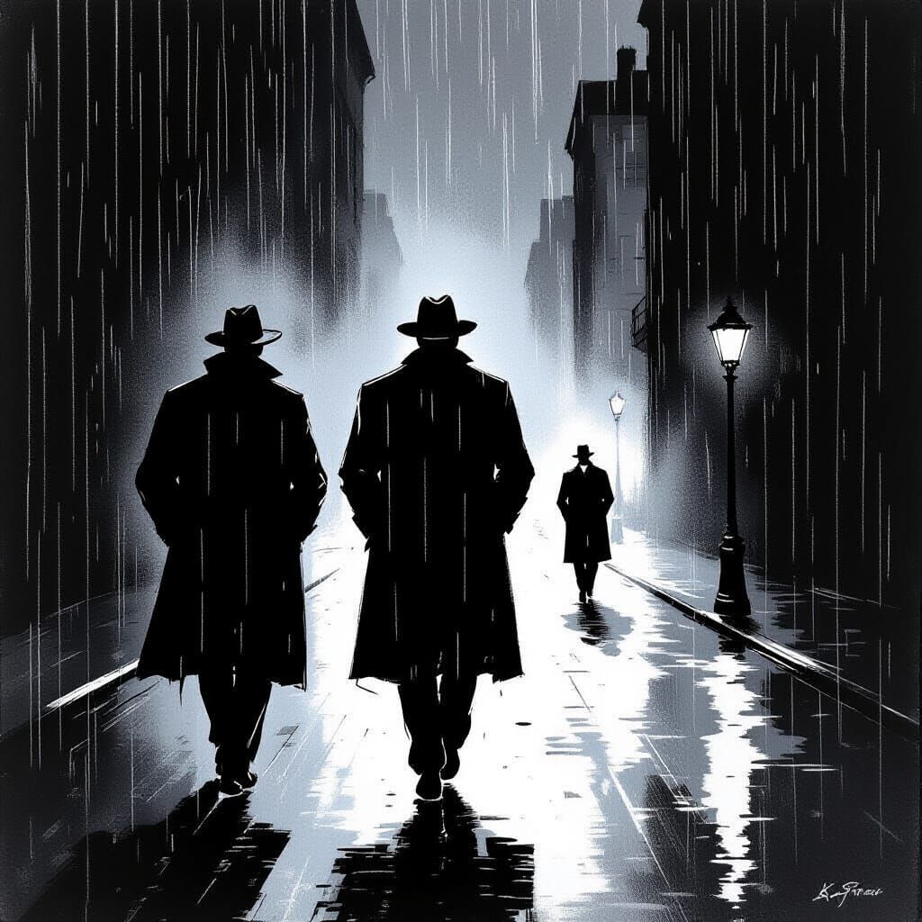 Film Noir Detective Chases Man Down Rainy Street