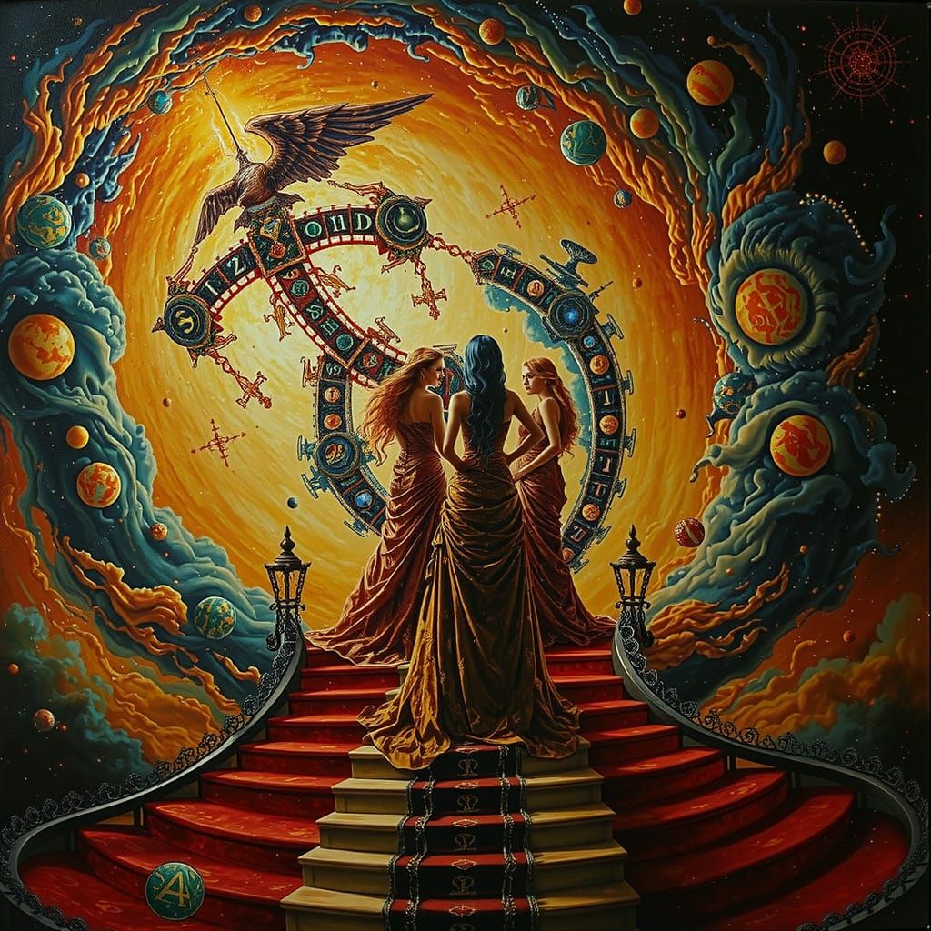 Three Sisters on Celestial Staircase, Hyperrealistic Style