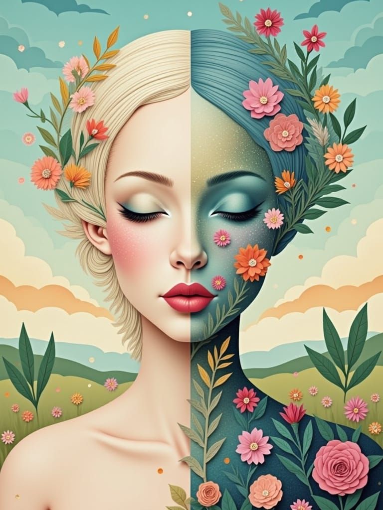 Elegant Woman Posing in Serene Paper Art Nouveau