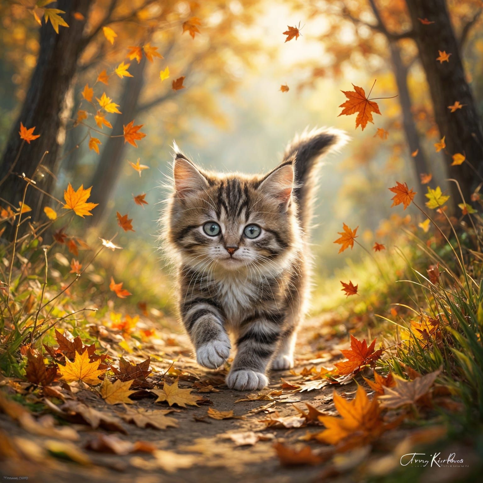 Mischievous Kitten Chasing Leaves on Forest Path in Ethereal...