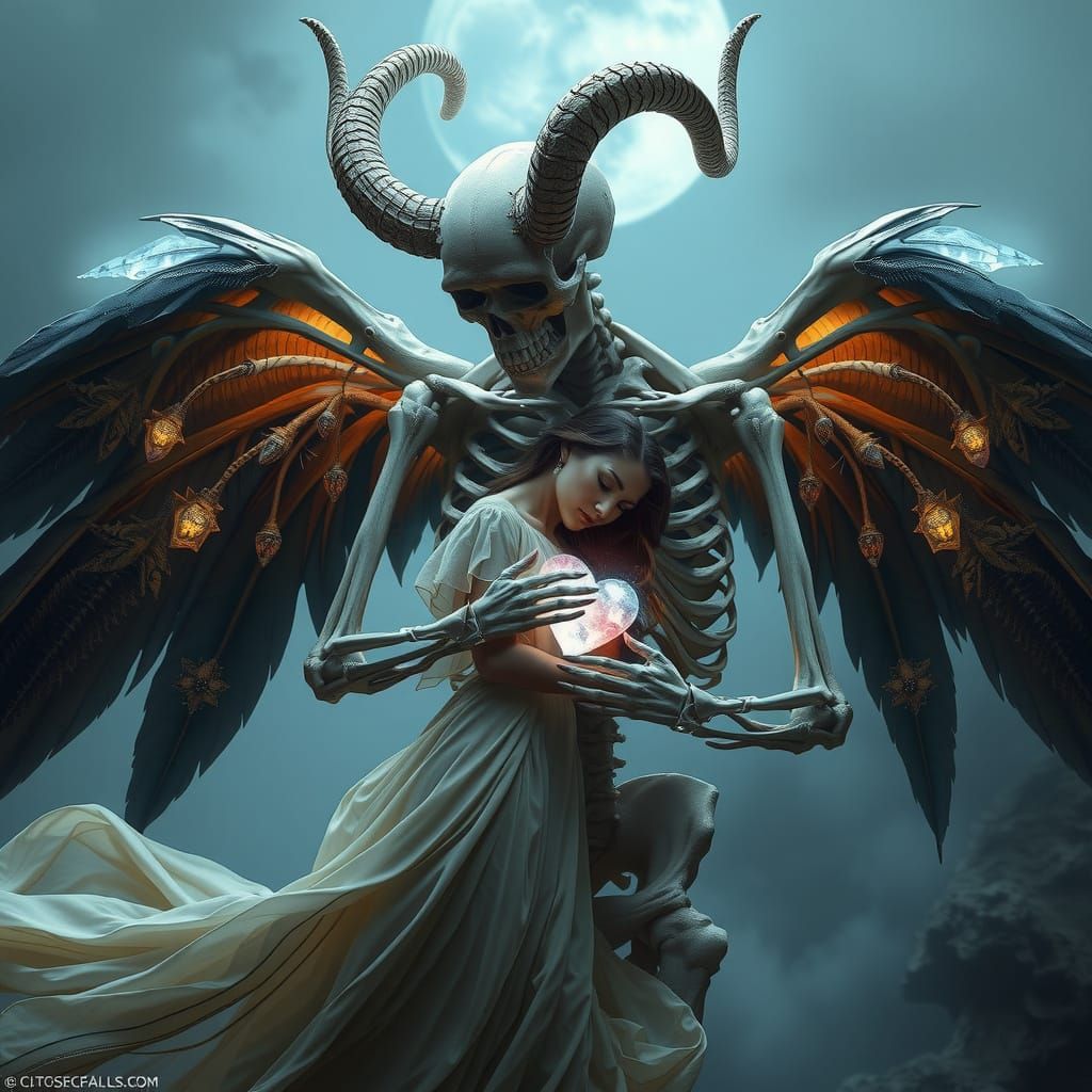 Skeletal Figure Embraces Woman in Gothic Dreamscape