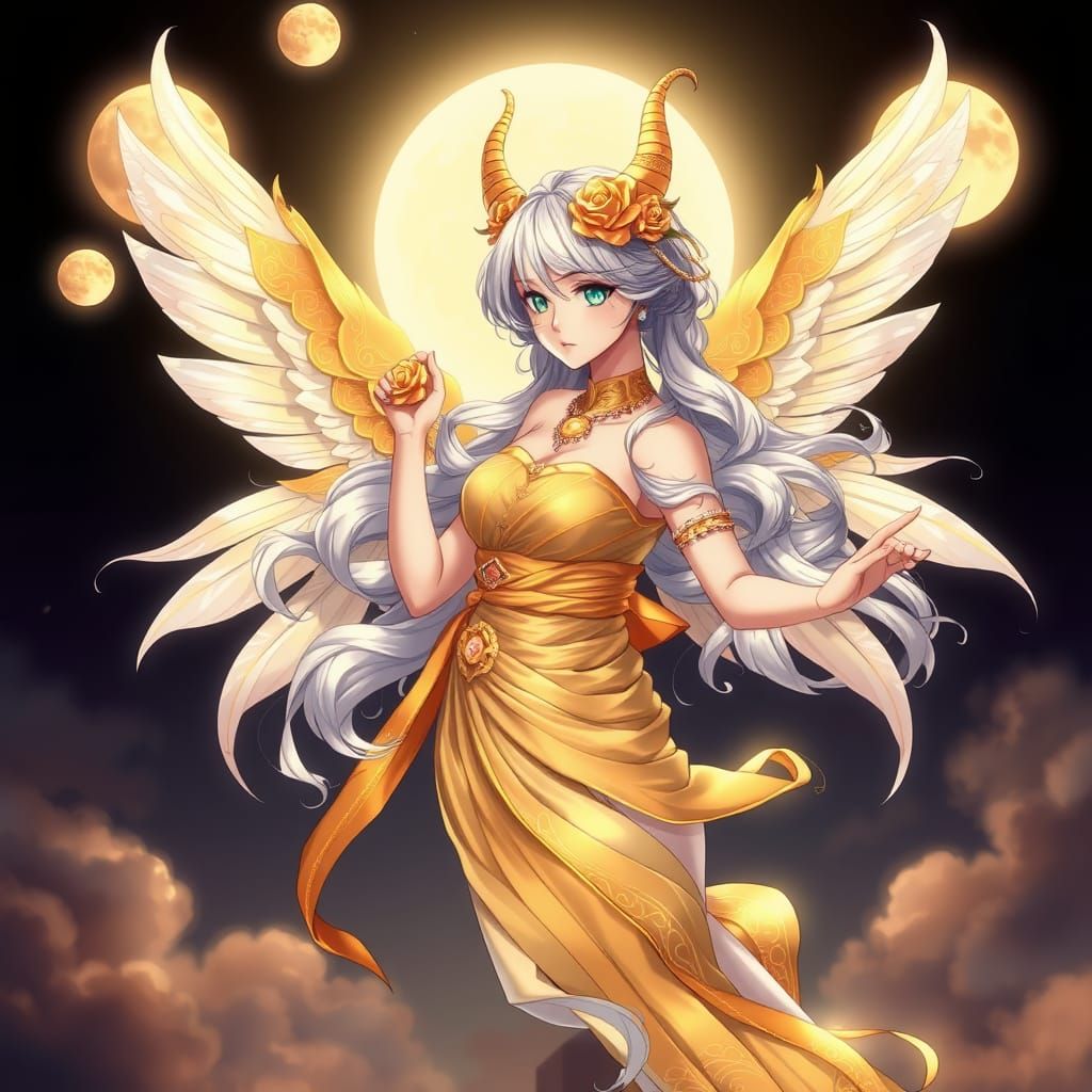 Elegant Anime Goddess with Golden Horns and Whimsical Wings
