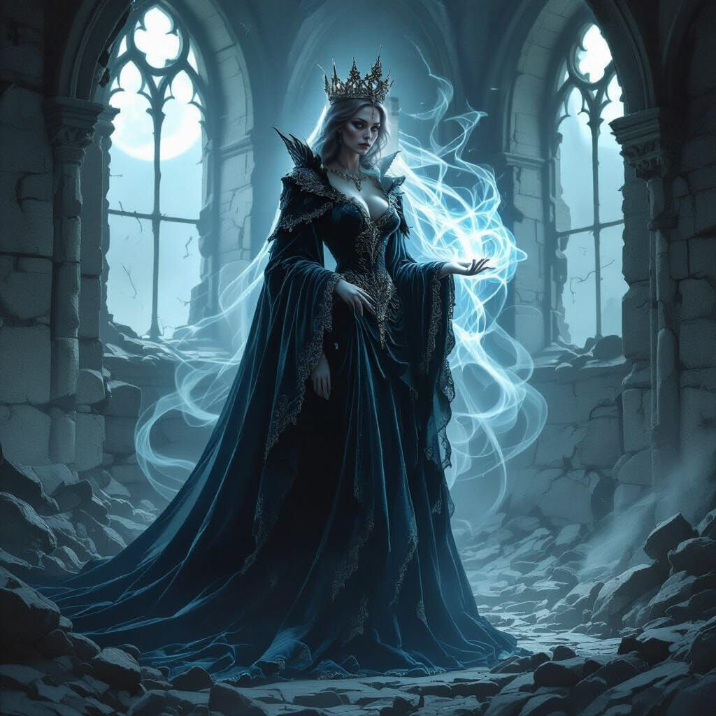 Mysterious Queen in Ruined Castle Under Moonlight