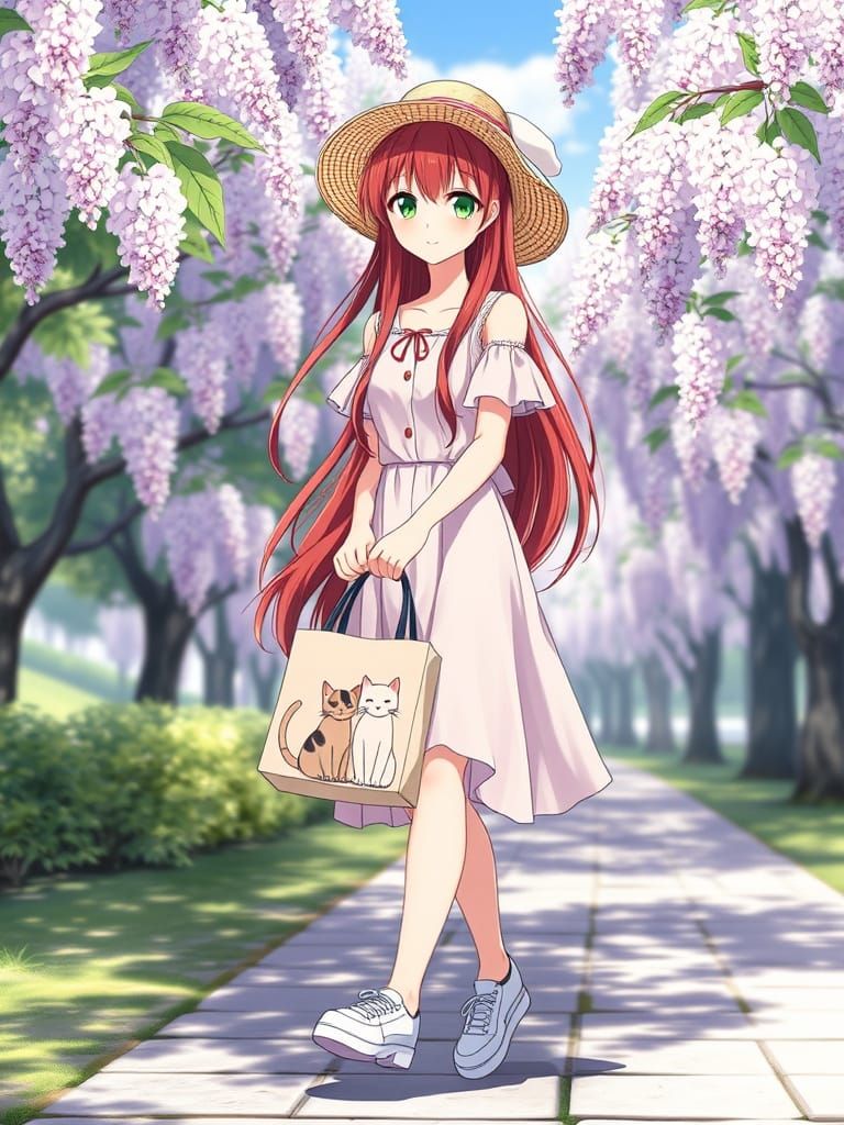 Beautiful Japanese Woman Strolls Through Wisteria Blooming P...