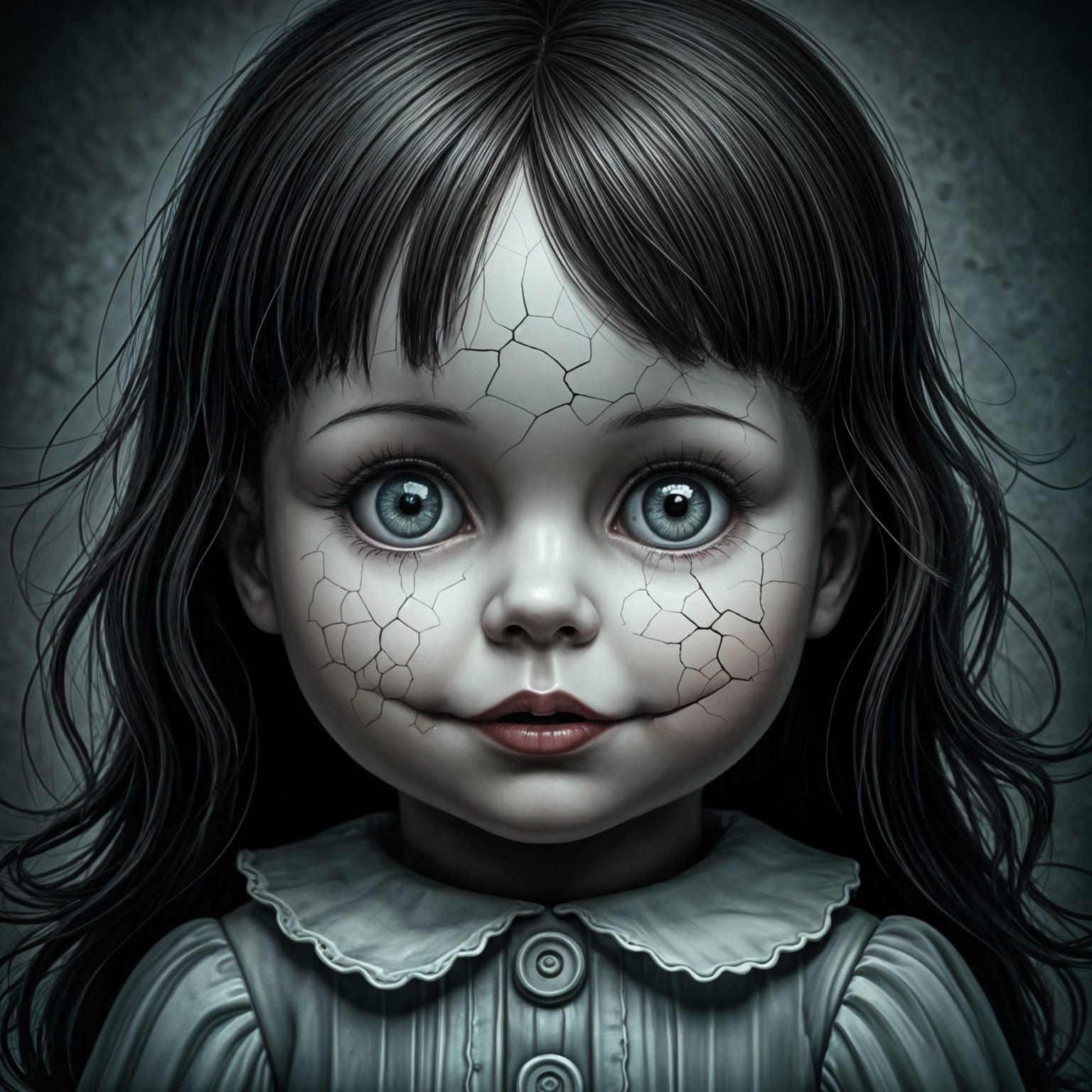 Creepy Cracked Porcelain Doll with Big Eyes
