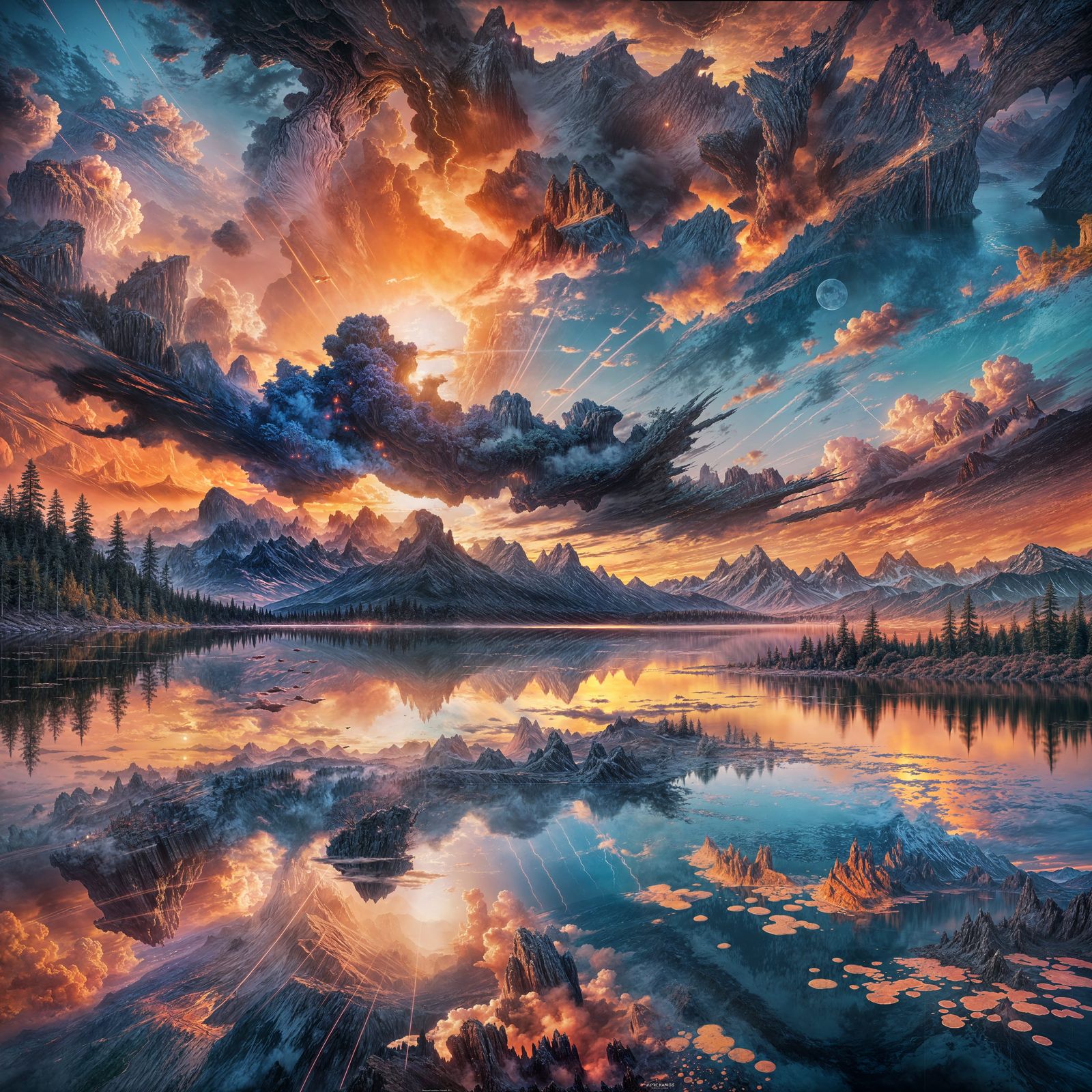 Ink Cloud Sunset Over Calm Lake: Matte Painting