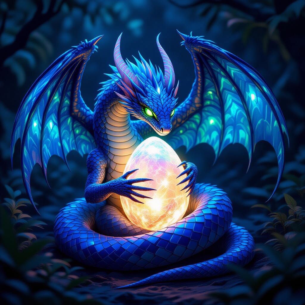 Bioluminescent Feathered Serpent Guards Crystal Egg