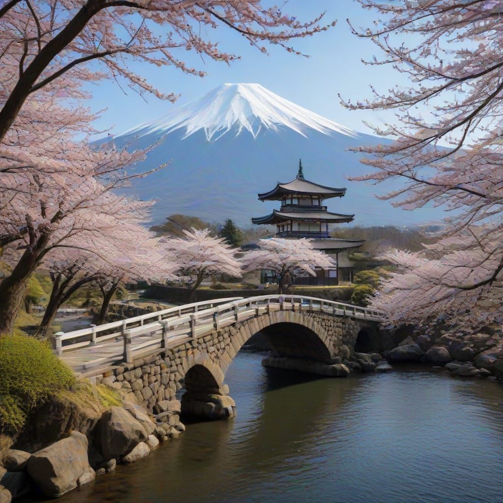 Classic Japanese Landscape with Mount Fuji and Cherry Blosso...