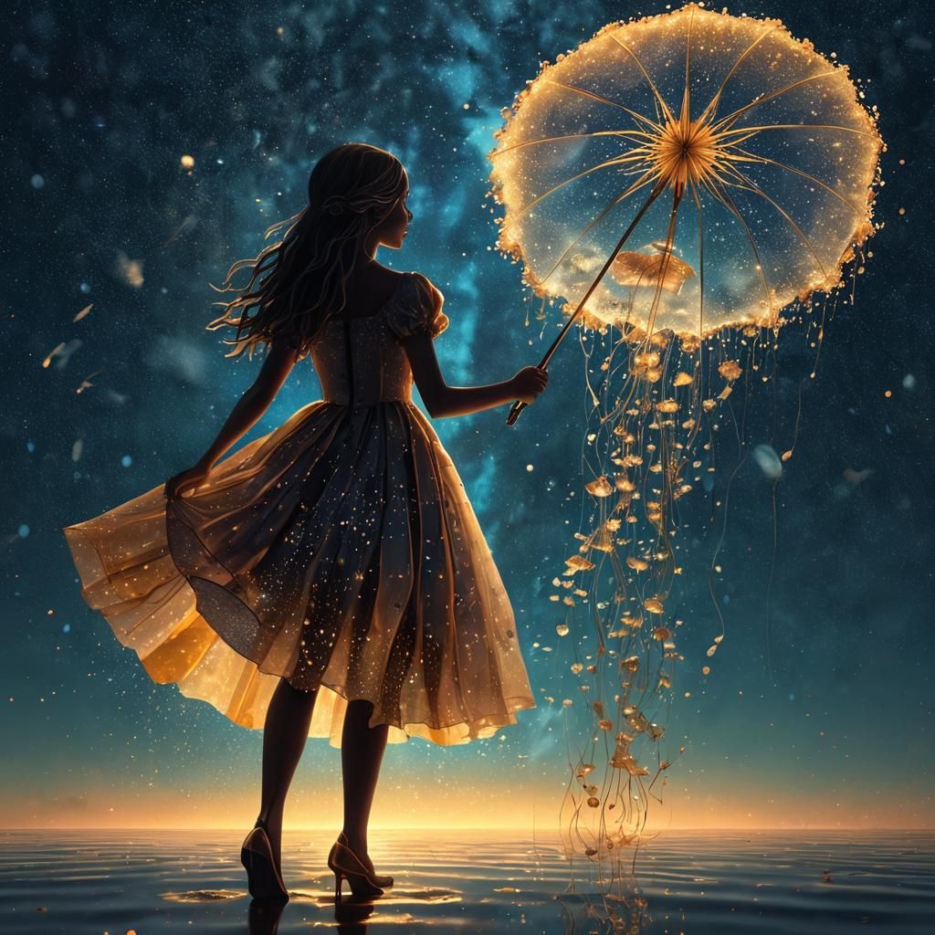 Golden Starlit Fantasy Scene with Sparkling Girl