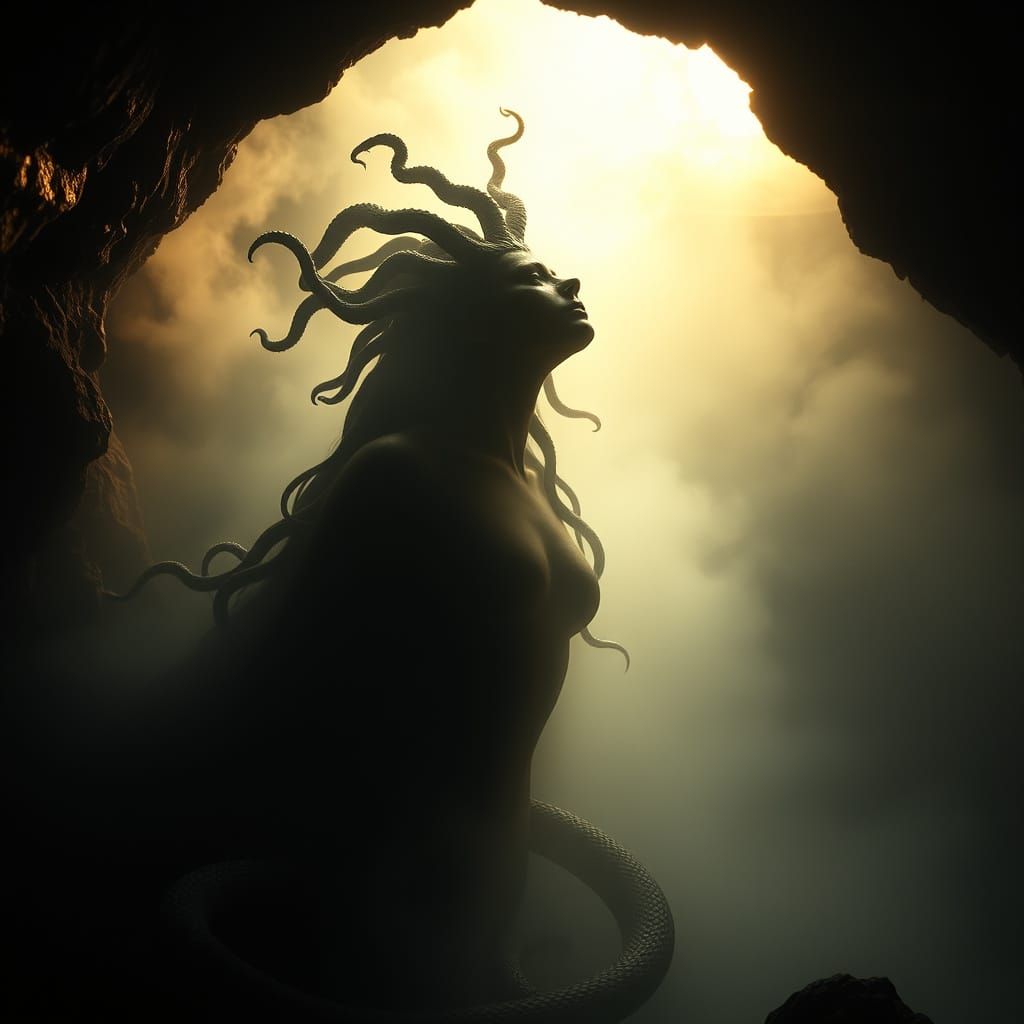 Medusa Emerges from Ancient Cave in Ethereal Dawn