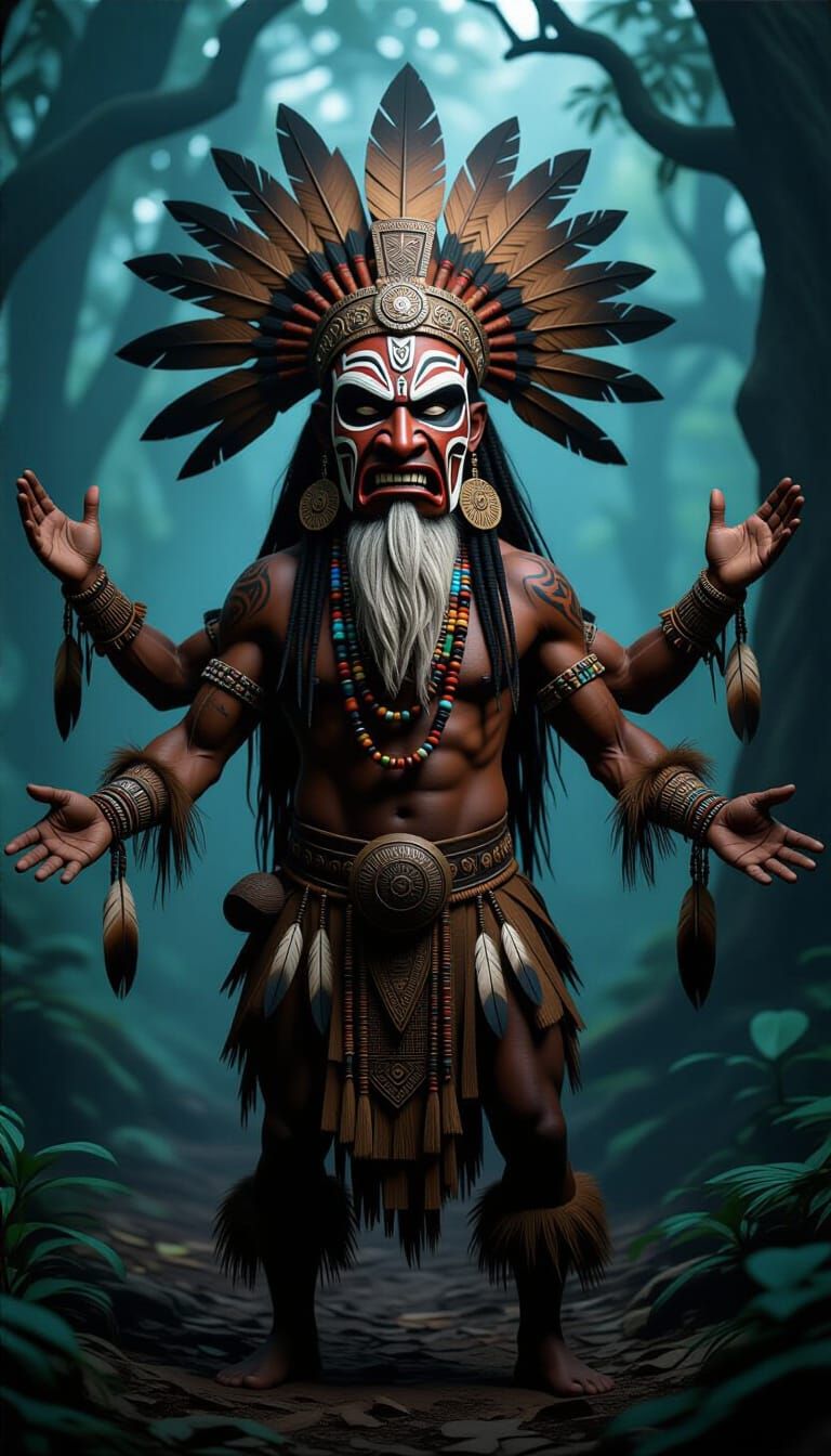 Mystical Multi-Armed Shaman in Dark Forest