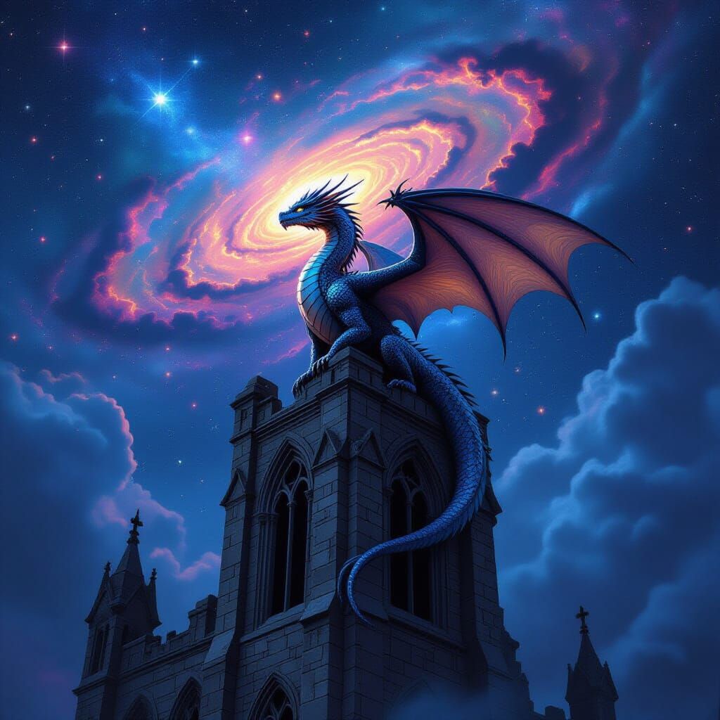Iridescent Dragon Perched Atop Gothic Tower