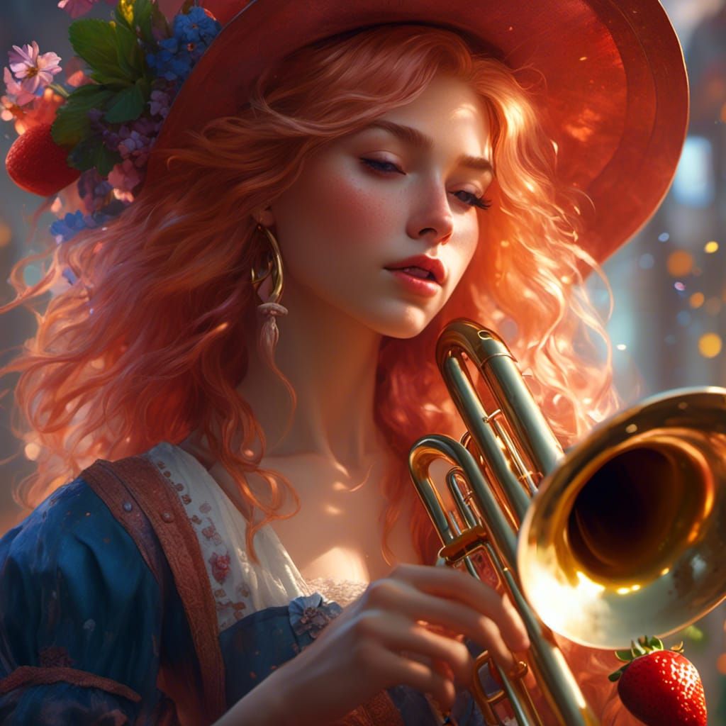 Strawberry Blonde Girl Plays Trombone: Hyperrealistic Portra...