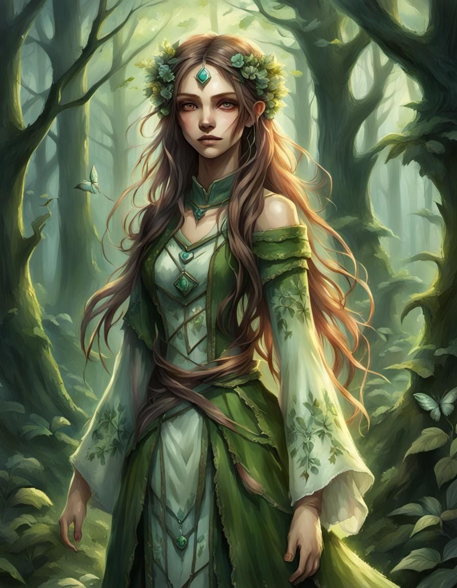 female ,human that heals from hands, lives in fae forest, small, thin, beautiful, raggedy clothes,