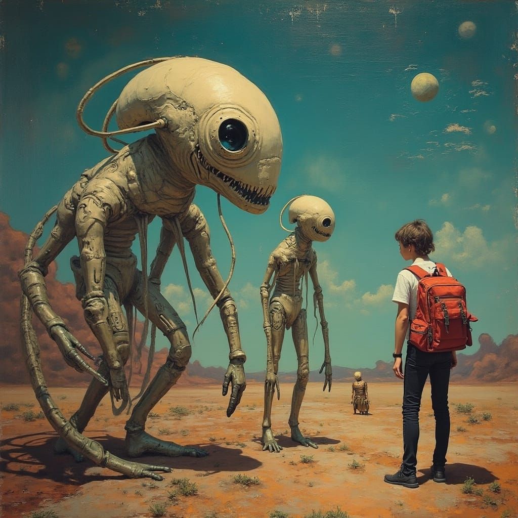 Aliens Watch TV: Surreal Oil Painting