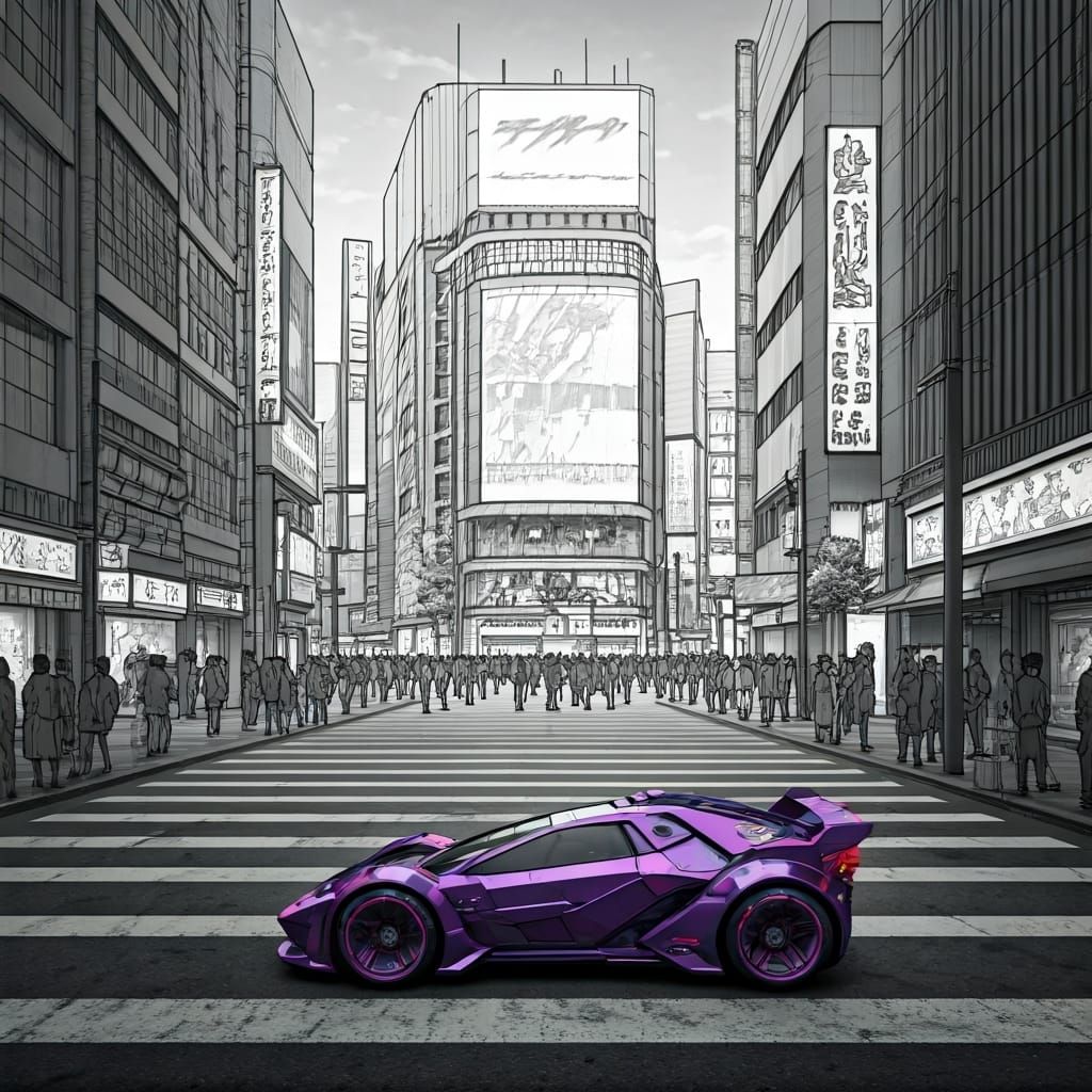 Japanese City Intersection with Futuristic Car, Cyberpunk St...