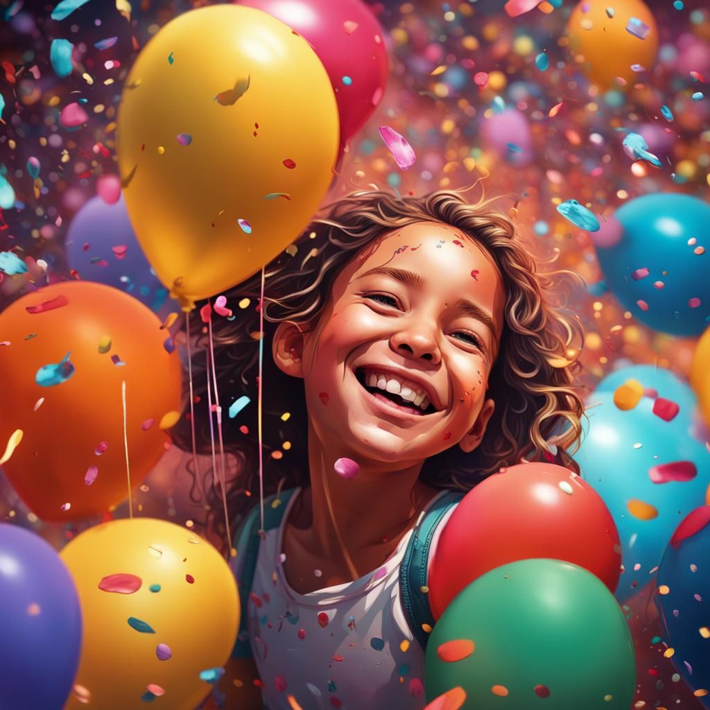 Joyful Girl with Balloons in Splash Art Style
