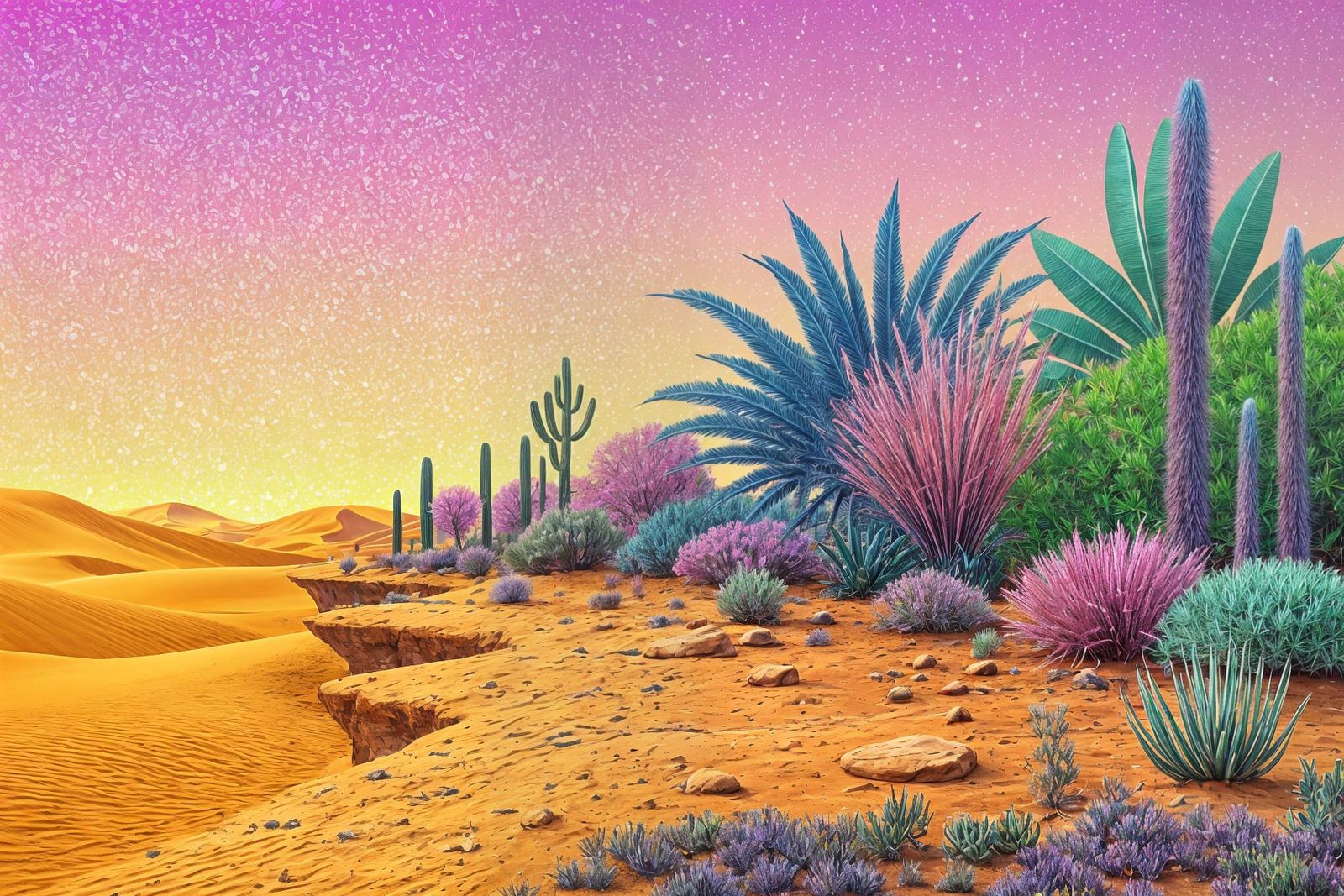 Vivid Oasis Contrasts Arid Desert in Digital Painting