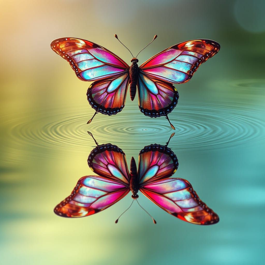 Majestic Butterfly Reflected on Serene Water in Vibrant Hype...
