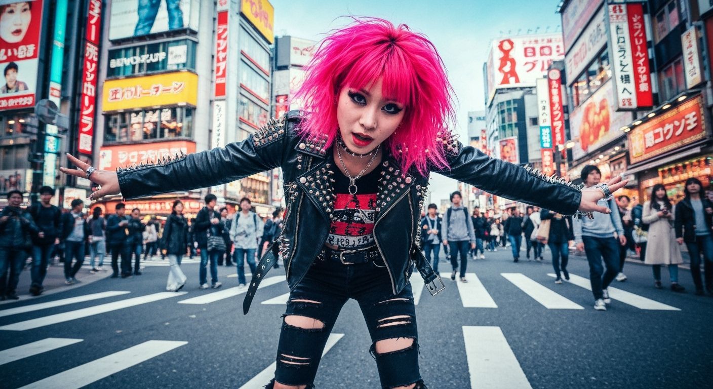 Energetic Punk Gyaru in Shibuya Street Scene