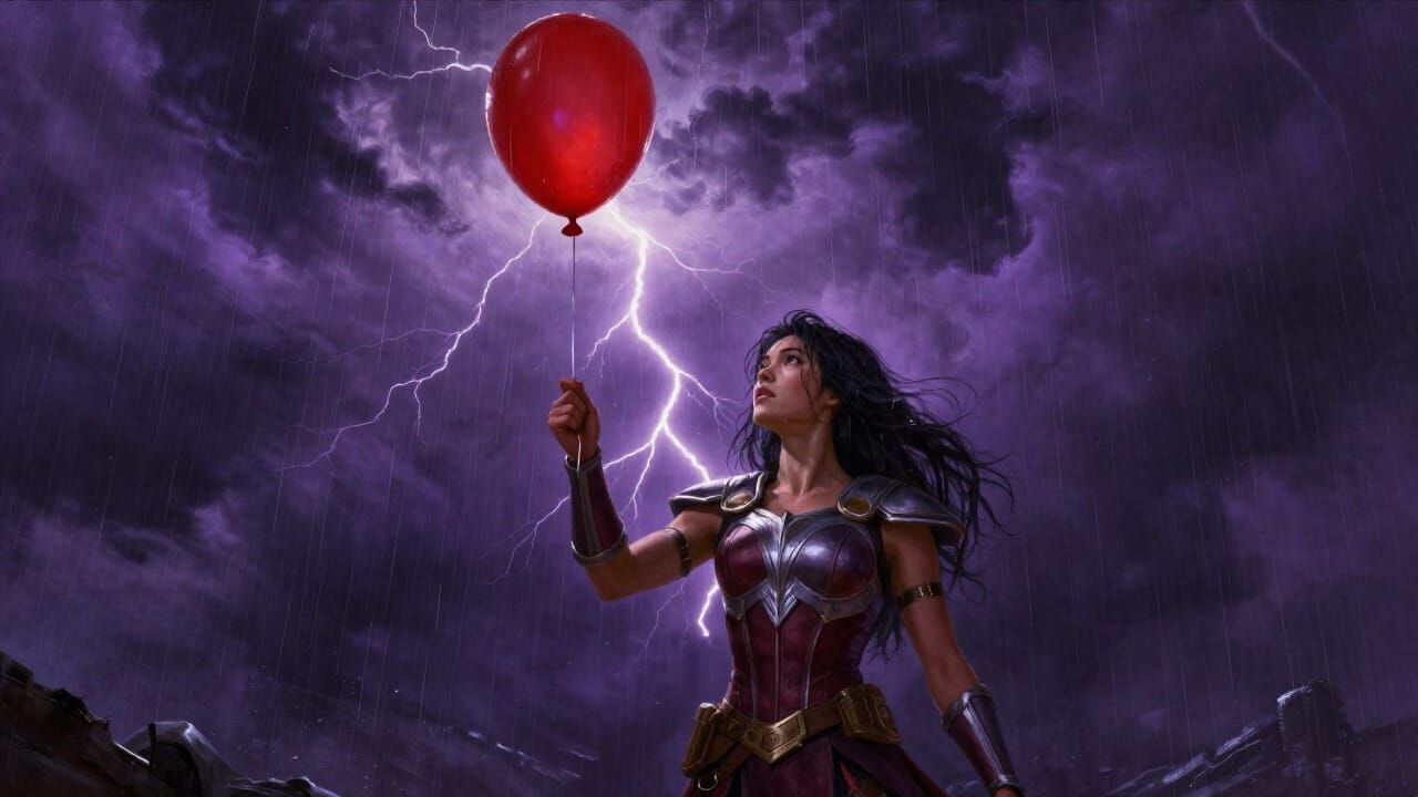 Teela in Storm Holding Red Balloon