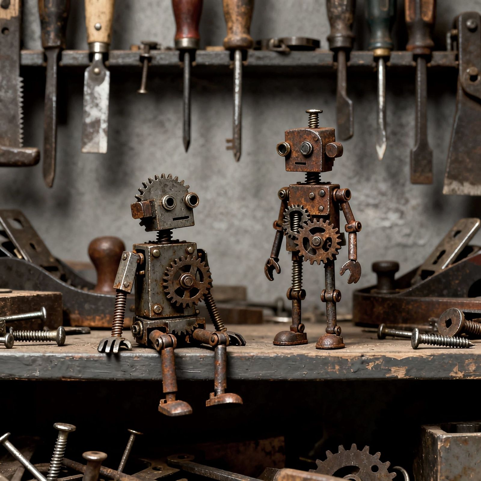 Mechanical Beings on Shelf with Tools