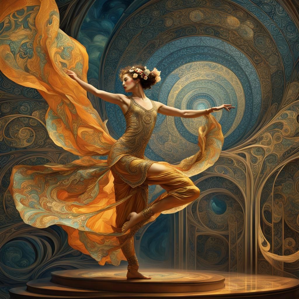 Dancer in Art Nouveau Style with Fractal Curves