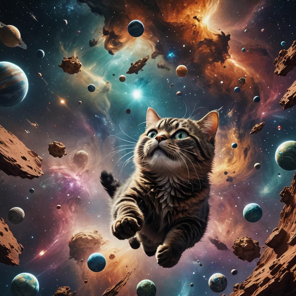 Cat Floating in Space: Detailed Matte Painting