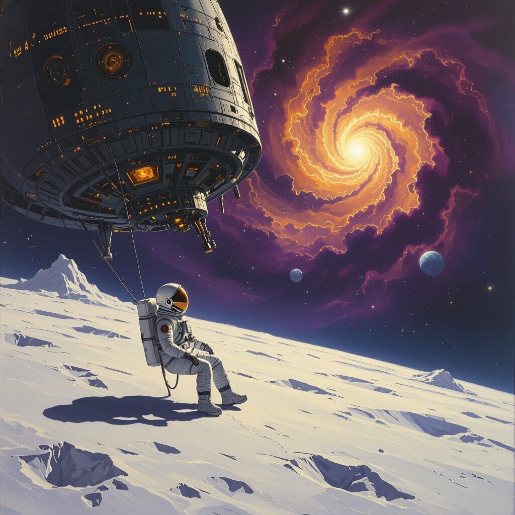 Astronaut Adrift Near Derelict Ship Amidst Cosmic Hues