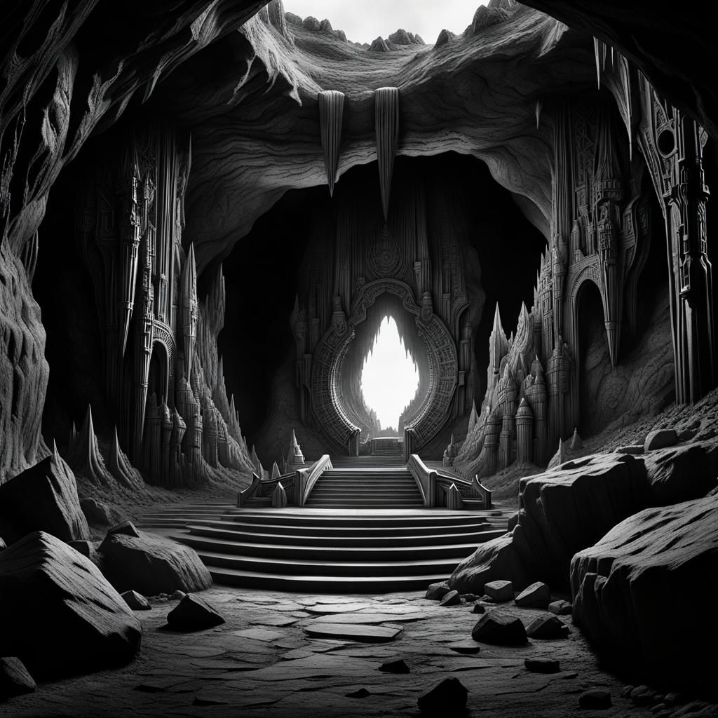 Sinister Cave of Worship in Black and White
